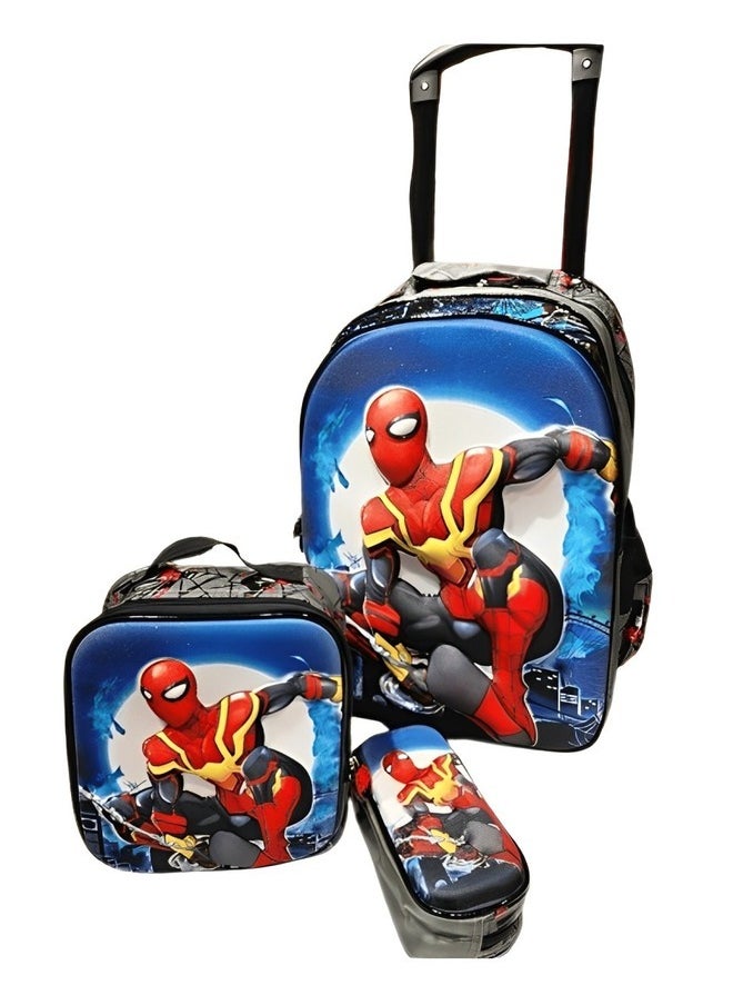 3-Piece Character Printed School Trolley Bag Set for Boys – Backpack, Lunch Bag, and Pencil Case