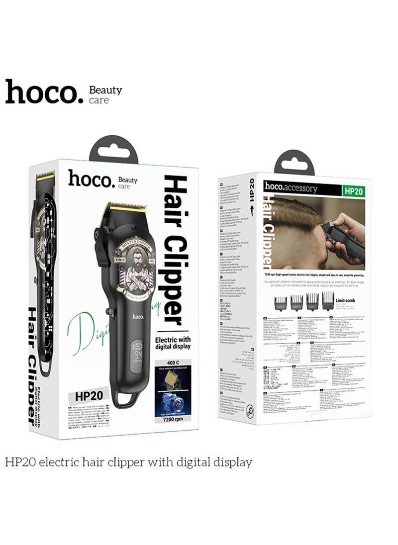 HOCO HP20 Professional Digital Hair Clipper Cordless Hair Care Rechargeable Hair Trimmer with 4 Guide Combs, LED Display, 4 Hours Hours Working Time and Steel Blade