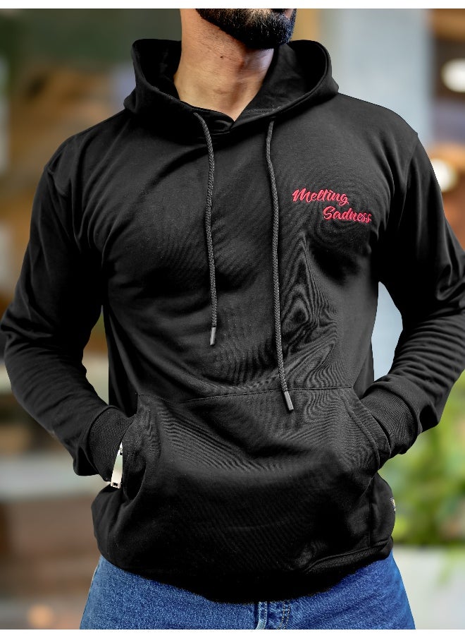Mens Printed Hooded Neck Full Sleeve Black Fleece Fleece Oversized Sweatshirt