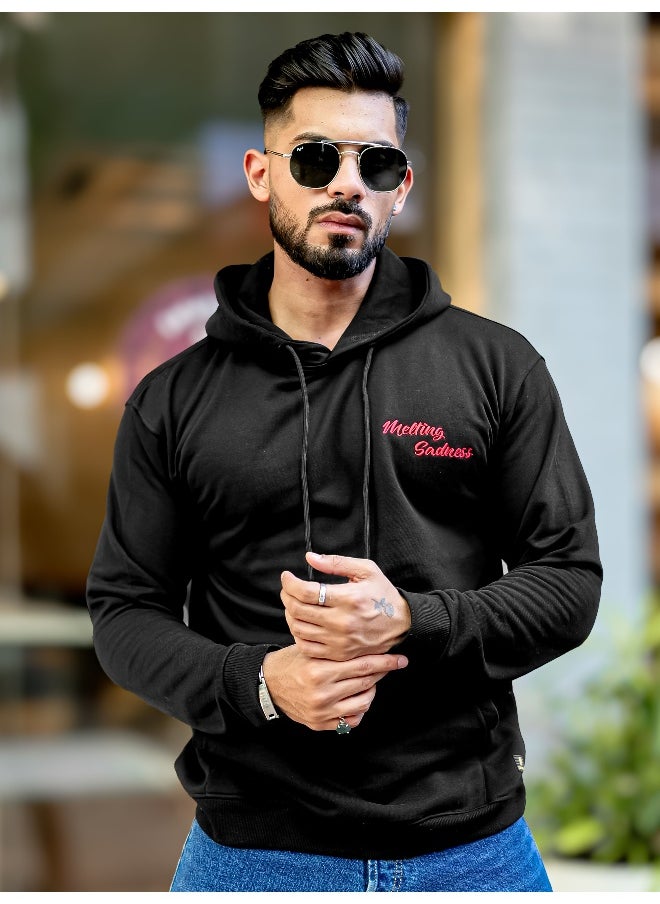 Mens Printed Hooded Neck Full Sleeve Black Fleece Fleece Oversized Sweatshirt
