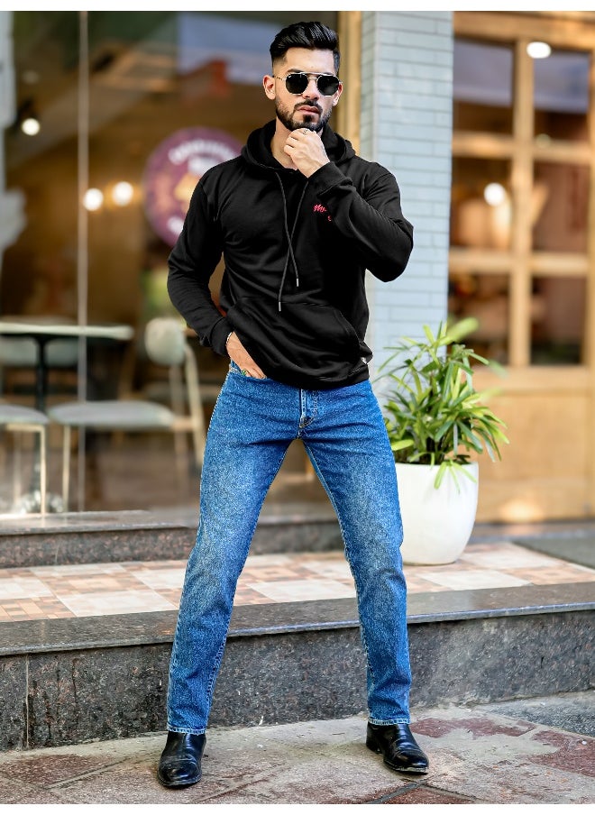 Mens Printed Hooded Neck Full Sleeve Black Fleece Fleece Oversized Sweatshirt