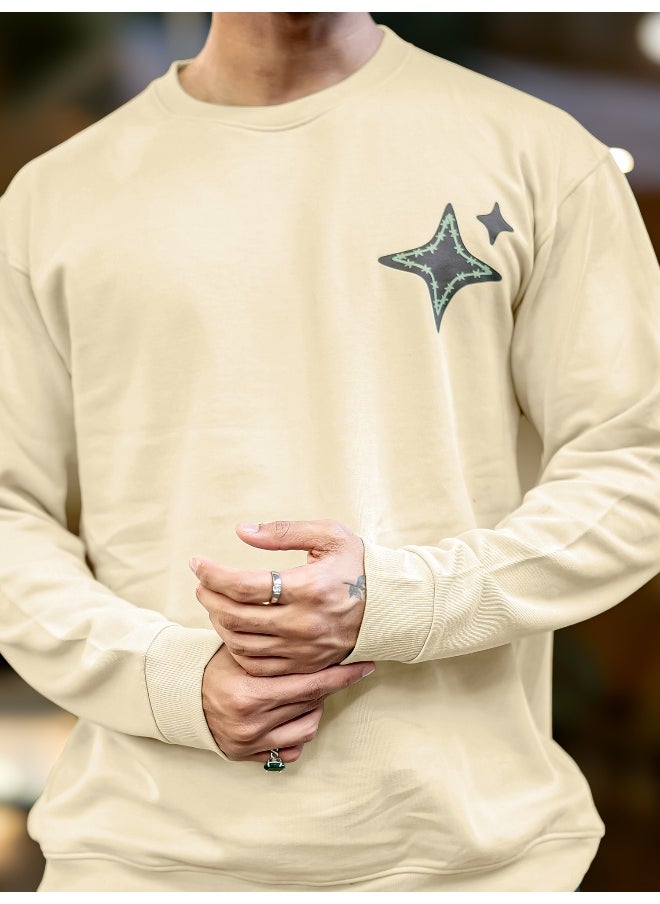 Mens Printed Round Neck Full Sleeve Beige and Navy FleeceFleece Oversized Sweatshirt