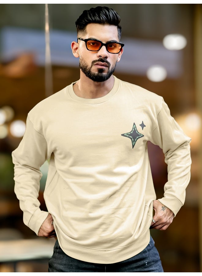 Mens Printed Round Neck Full Sleeve Beige and Navy FleeceFleece Oversized Sweatshirt