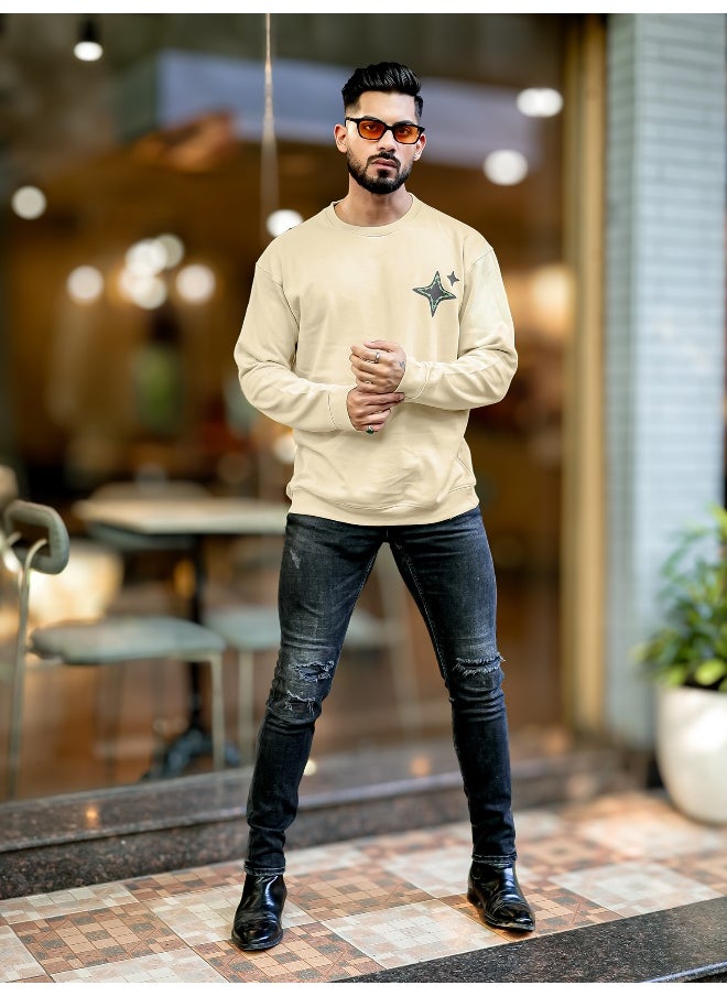 Mens Printed Round Neck Full Sleeve Beige and Navy FleeceFleece Oversized Sweatshirt