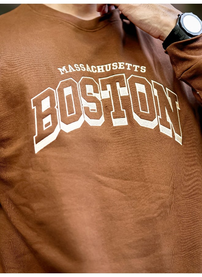 Mens Printed Round Neck Full Sleeve Brown and Beige FleeceFleece Oversized Sweatshirt