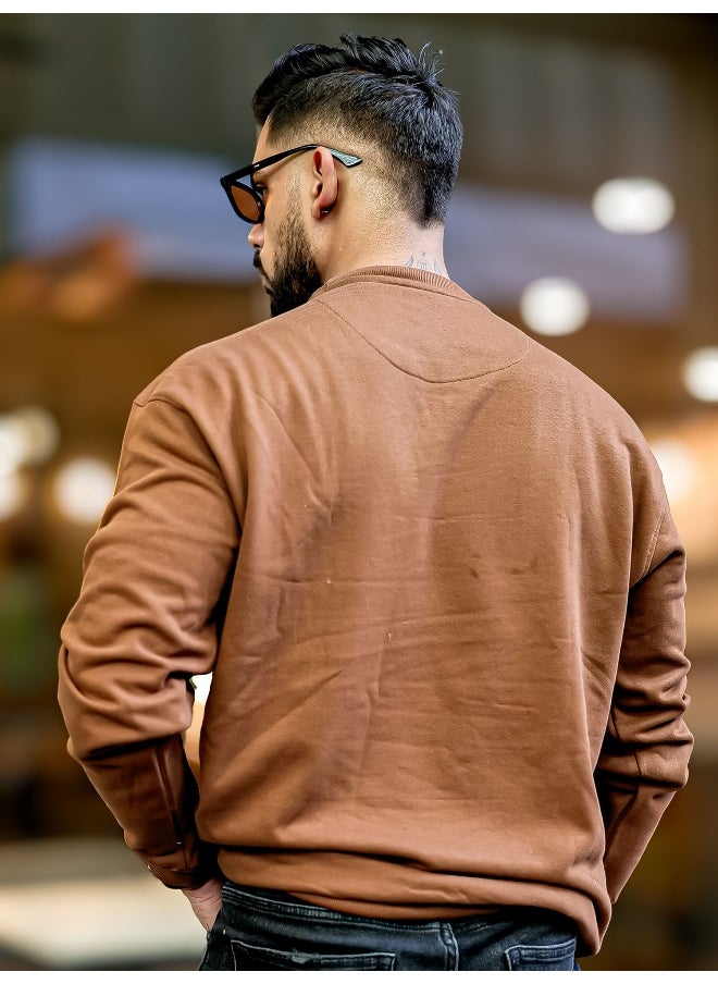 Mens Printed Round Neck Full Sleeve Brown and Beige FleeceFleece Oversized Sweatshirt
