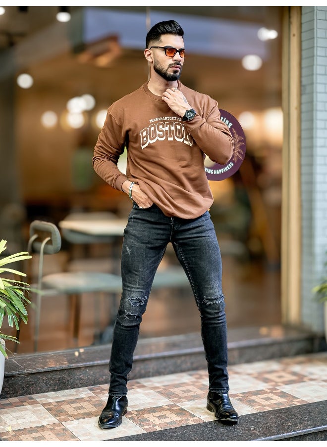 Mens Printed Round Neck Full Sleeve Brown and Beige FleeceFleece Oversized Sweatshirt