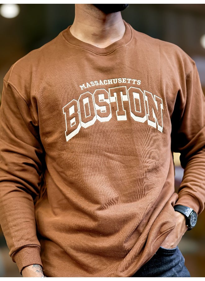 Mens Printed Round Neck Full Sleeve Brown and Beige FleeceFleece Oversized Sweatshirt