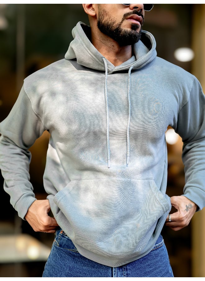 Mens Printed Hooded Neck Full Sleeve Light Grey Fleece Fleece Oversized Sweatshirt