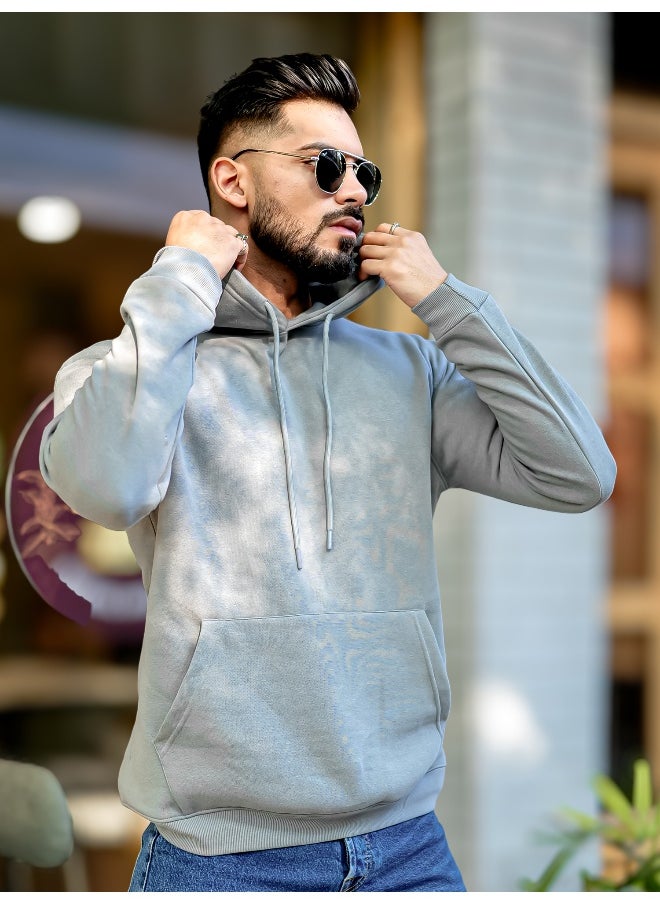 Mens Printed Hooded Neck Full Sleeve Light Grey Fleece Fleece Oversized Sweatshirt