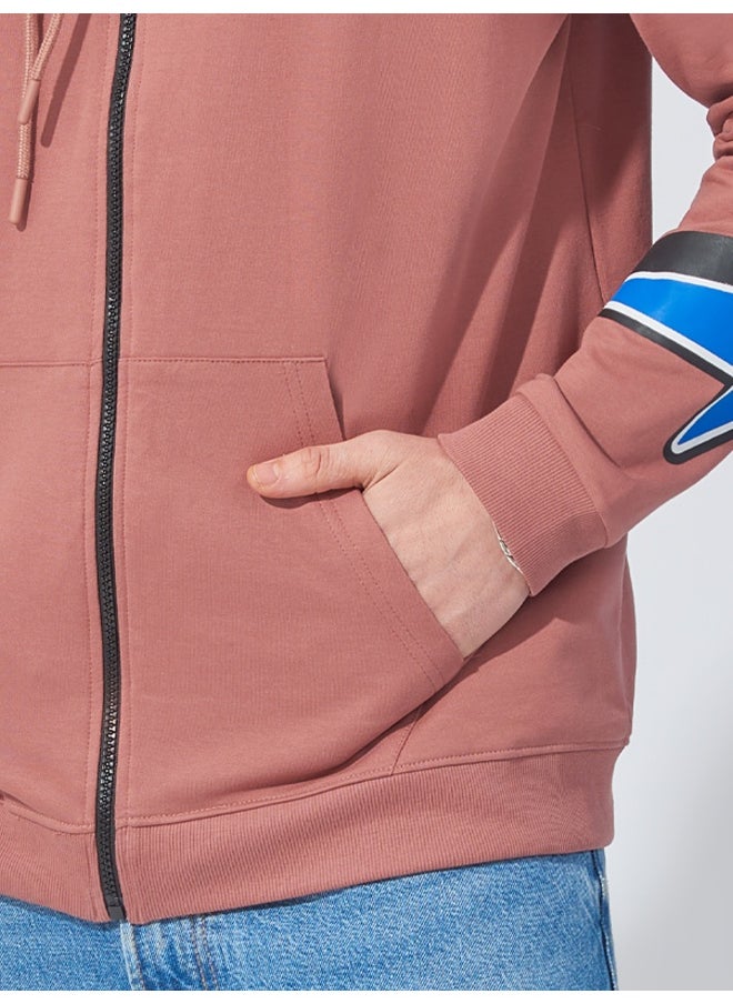 Mens Printed Hooded Neck Full Zip Full Sleeve White Onion Fleece Sweatshirt