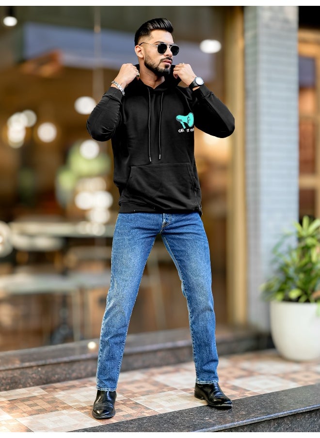 Mens Printed Hooded Neck Full Sleeve Black & White Fleece Fleece Oversized Sweatshirt