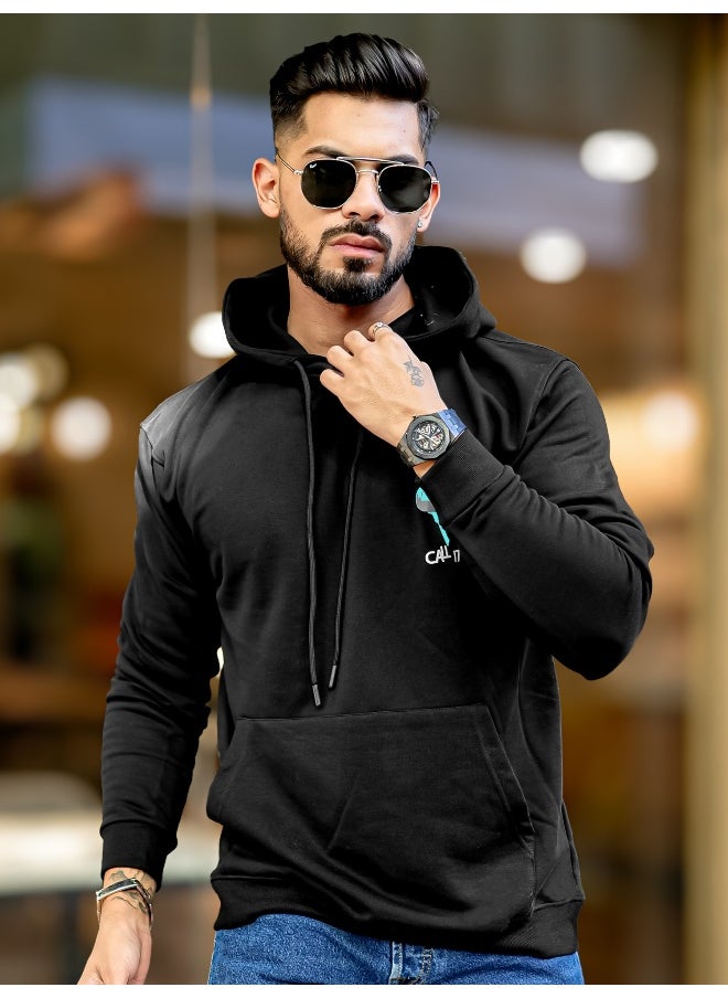 Mens Printed Hooded Neck Full Sleeve Black & White Fleece Fleece Oversized Sweatshirt
