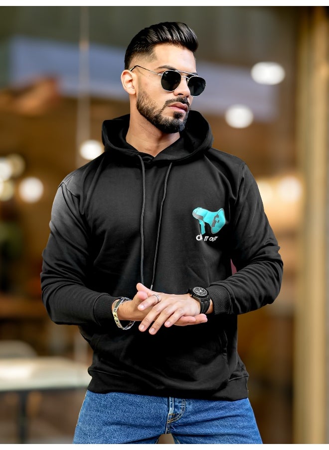 Mens Printed Hooded Neck Full Sleeve Black & White Fleece Fleece Oversized Sweatshirt