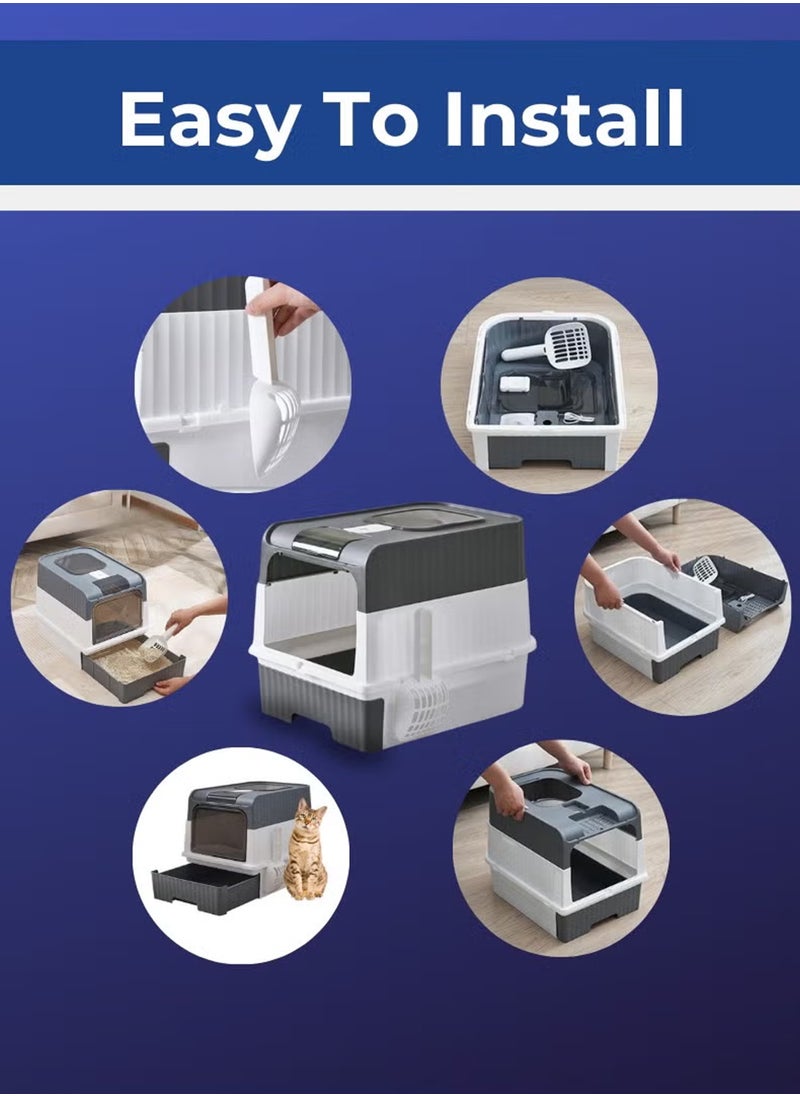 Cat Litter Box Large with Easy Entry & Exit, Spacious and Easy to Clean Cat Box for All Cat Sizes, Long-Lasting Large Cat litter Box with Lid, 2 Trash Bags & 1 Cat Litter Scoop Included