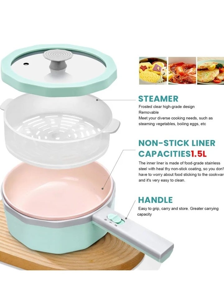 Electric Hot Pot with Steamer, 1.5L Non-Stick Ramen Cooker and Sauté Pan for Steak, Egg, Fried Rice, Soup, Portable Personal Cooker Perfect for Dorm and Apartment