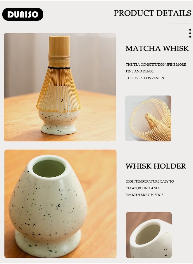 Matcha Whisk Set, 4pcs Japanese Tea Set,Matcha Whisk,Traditional Scoop, Matcha Bowl with Pouring Spout, Ceramic Whisk Holder,Traditional Matcha Tool Set for Matcha Tea Ceremony
