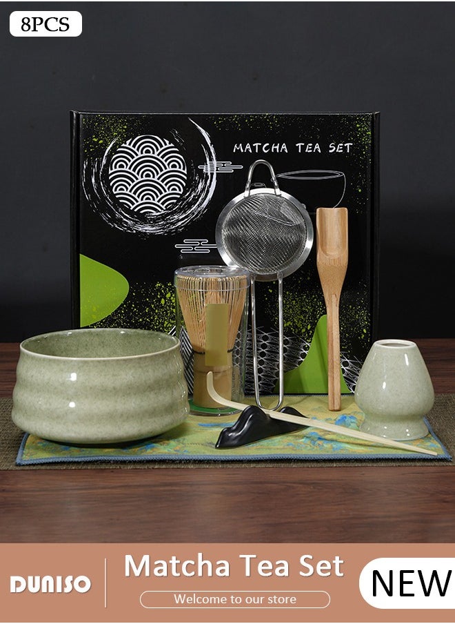 Matcha Whisk Set, 8Pcs Japanese Matcha Tea Set, Include Matcha Bowl, Bamboo Matcha Whisk, Scoop, Bamboo Scoop, Whisk Holder, Stainless Steel Tea Sifter, Ceremony Tea Making Kit Traditional Handmade Matcha Gift Box