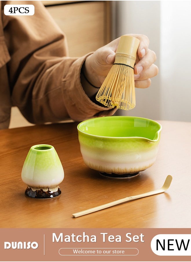 Matcha Whisk Set, 4pcs Japanese Tea Set,Matcha Whisk,Traditional Scoop, Matcha Bowl with Pouring Spout, Ceramic Whisk Holder,Traditional Matcha Tool Set for Matcha Tea Ceremony