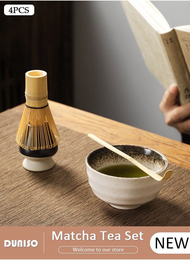 4pcs Matcha Whisk Set, Japanese Matcha Tea Set, Matcha Bowl, Matcha Bamboo Whisk, Matcha Whisk Holder, Traditional Scoop,Japanese Matcha Ceremony Accessory Matcha Tea Making Kit