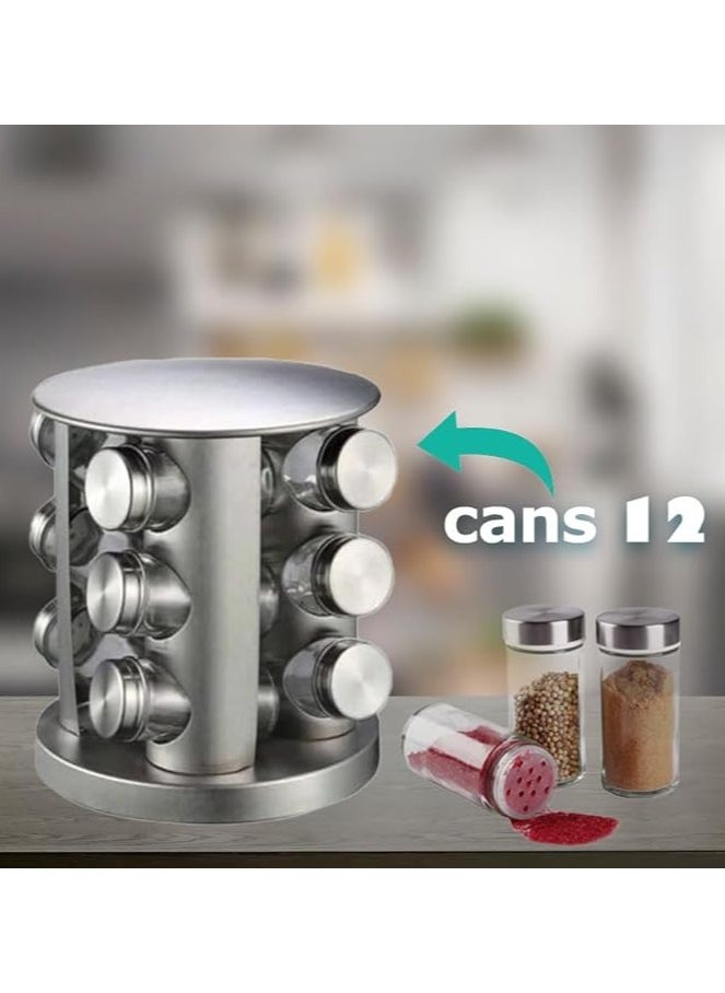 Rotary spice rack with 12 stainless steel jars and shatterproof glass jars for home and kitchen.