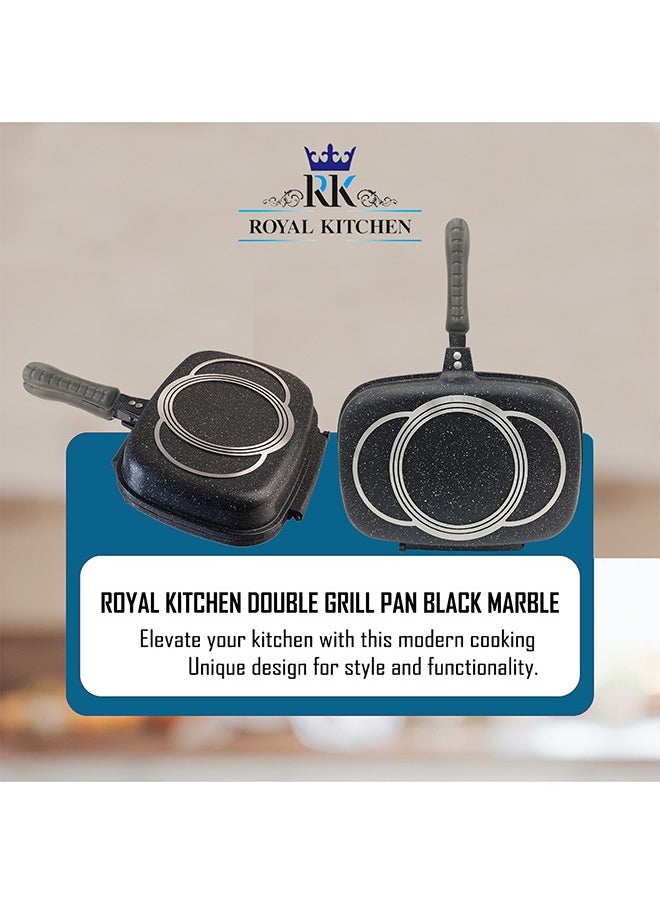 ROYAL KITCHEN Cresta Double Grill Pan 30 cm – Non Stick Diecast Marble Coated with Magnetic Lock, Silicone Rubber Seal, Steam Vent, Durable Design, Perfect for Grilling, Frying, and Steaming with Even Heat Distribution