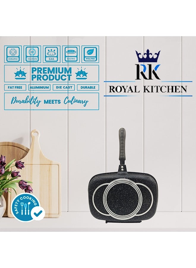 ROYAL KITCHEN Cresta Double Grill Pan 36 cm – Non Stick Diecast Marble Coated with Magnetic Lock, Silicone Rubber Seal, Steam Vent, Durable Design, Perfect for Grilling, Frying, and Steaming with Even Heat Distribution