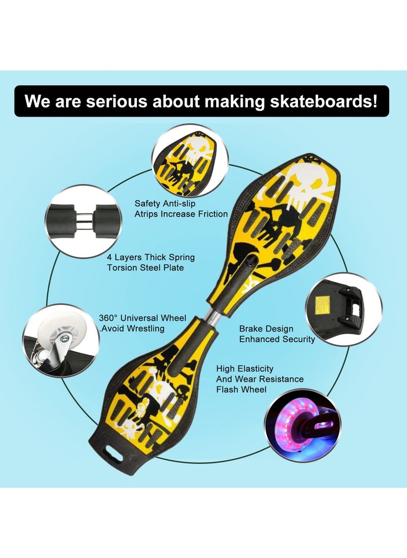 Compact Deluxe Junior Caster Skateboard with 360° Rotating Lightning Casters, Illuminating Wheels, 2-Wheel Balance Skateboard, 100KG Capacity, Lightweight Alloy Steel for Kids & Adults, Yellow,  Durable Skateboard for Ages 7+, Heavy Duty Wave Board, Slip-Resistant Deck