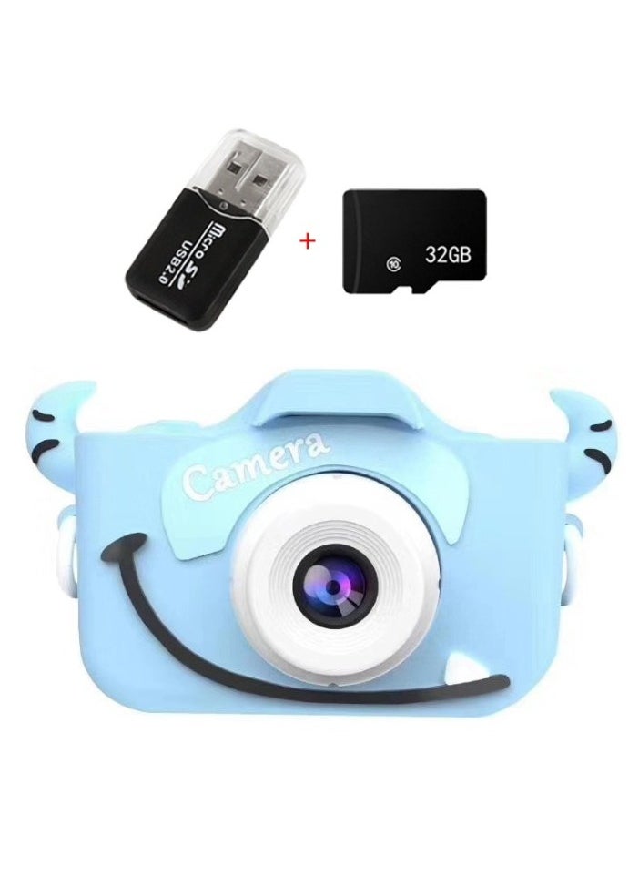Children's Camera Toy, HD 1080p Shockproof Children Video Camera, Anti-fall Portable Camera Toy, Multiple Functions Digital Camera,(Cute Cow Set Blue Dual Lens + 32G Capacity Card + Card Reader)