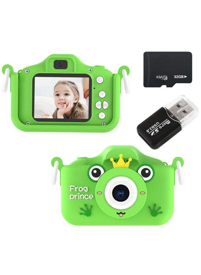 Children's Camera Toy, 1080p Shockproof Children Video Camera, Anti-fall Portable Camera Toy, Multiple Functions Digital Camera,(Little Frog Green Dual Lens + 32G Full Capacity Card + Card Reader)