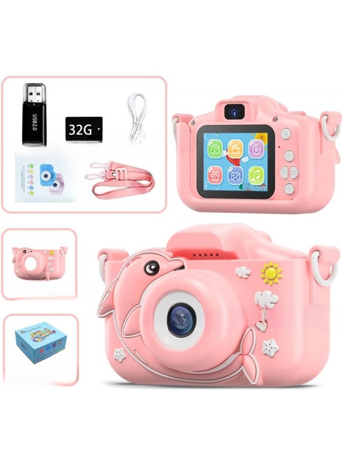 Kids Camera, Hd 1080p Shockproof Children Video Camera, Portable Mini  Dual Camera Toy, Multiple Functions Digital Camera , (X5s Hd Dual Camera Dolphin Pink Plus 32g Card Plus Card Reader)