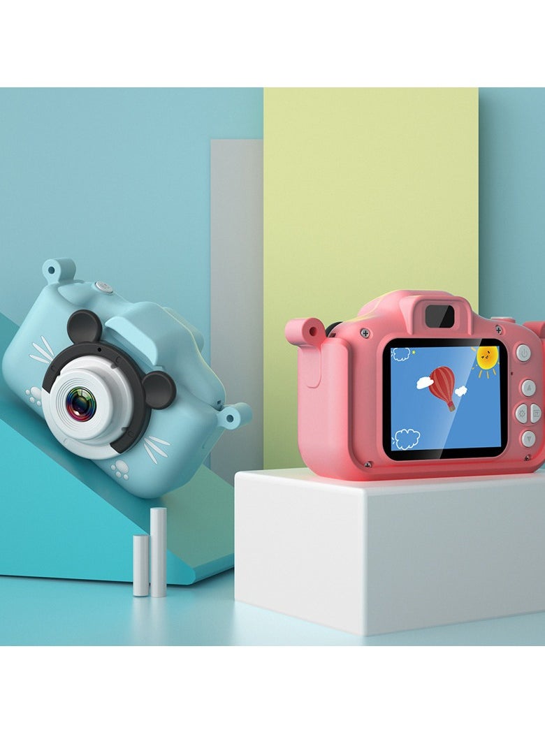 Children's Camera Toy, HD 1080p Shockproof Children Video Camera, Anti-fall Portable Camera Toy, Multiple Functions Digital Camera,(Exclusive animal blue dual lens+32G full capacity card+card reader)