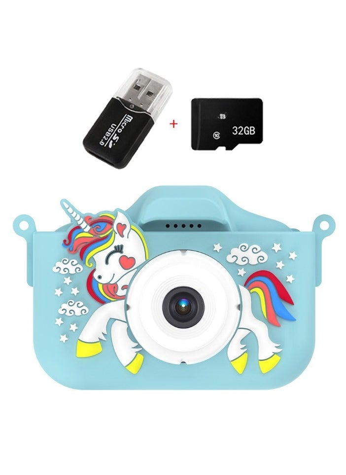 Children's Camera Toy, HD 1080p Shockproof Children Video Camera, Anti-fall Portable Camera Toy, Multiple Functions Digital Camera,(Exclusive animal blue dual lens+32G full capacity card+card reader)