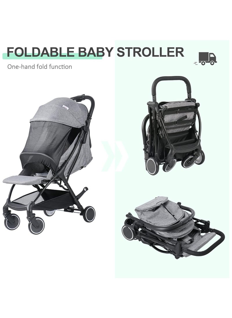 Baby Stroller One-Click Foldable Travel Pushchair with Five-Point Harness Lightweight Compact