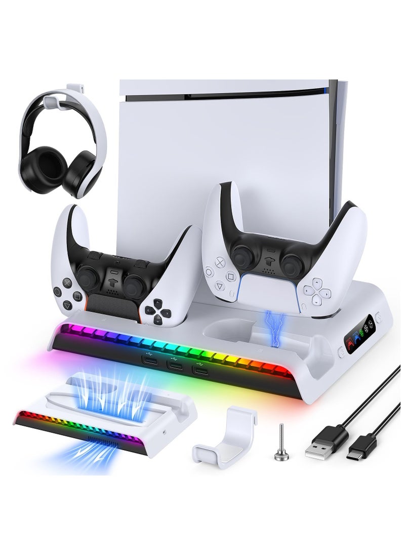 PS5 Slim Cooling Stand with Controller Charging Station for PS5 Slim Console (Digital/Disc) PS5 Slim Accessories Incl 9 RGB Lights & Headset Hook, 3-Level Silent Fan, 3 USB Port (White