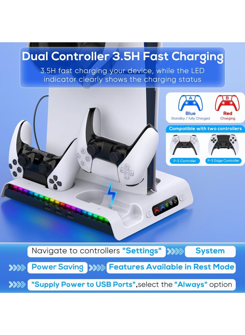 PS5 Slim Cooling Stand with Controller Charging Station for PS5 Slim Console (Digital/Disc) PS5 Slim Accessories Incl 9 RGB Lights & Headset Hook, 3-Level Silent Fan, 3 USB Port (White