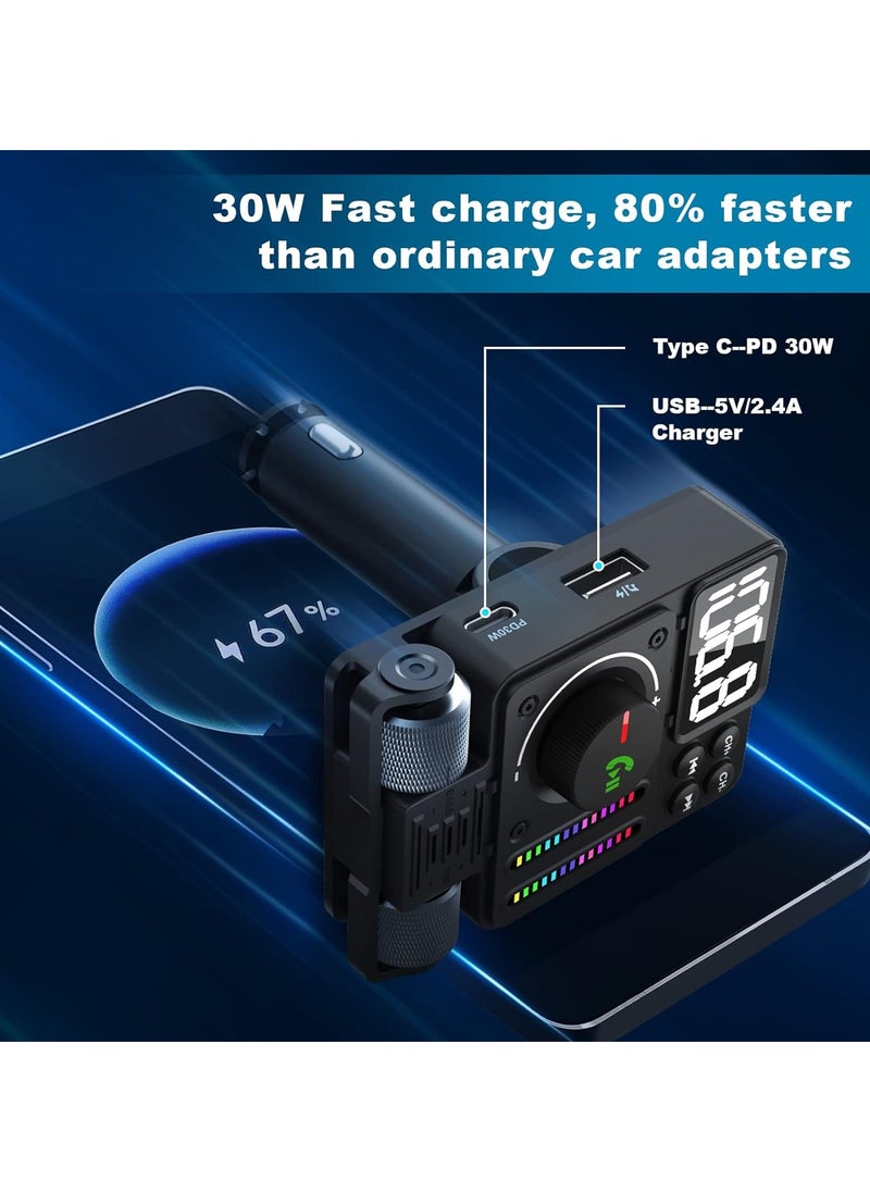 Bluetooth 5.3 Car FM Transmitter, PD 30W Type C Fast Charge And USB Port Bluetooth Car Adapter, Strong And Durable HIFI Treble And Bass Player With Color Screen & Music Light Bar