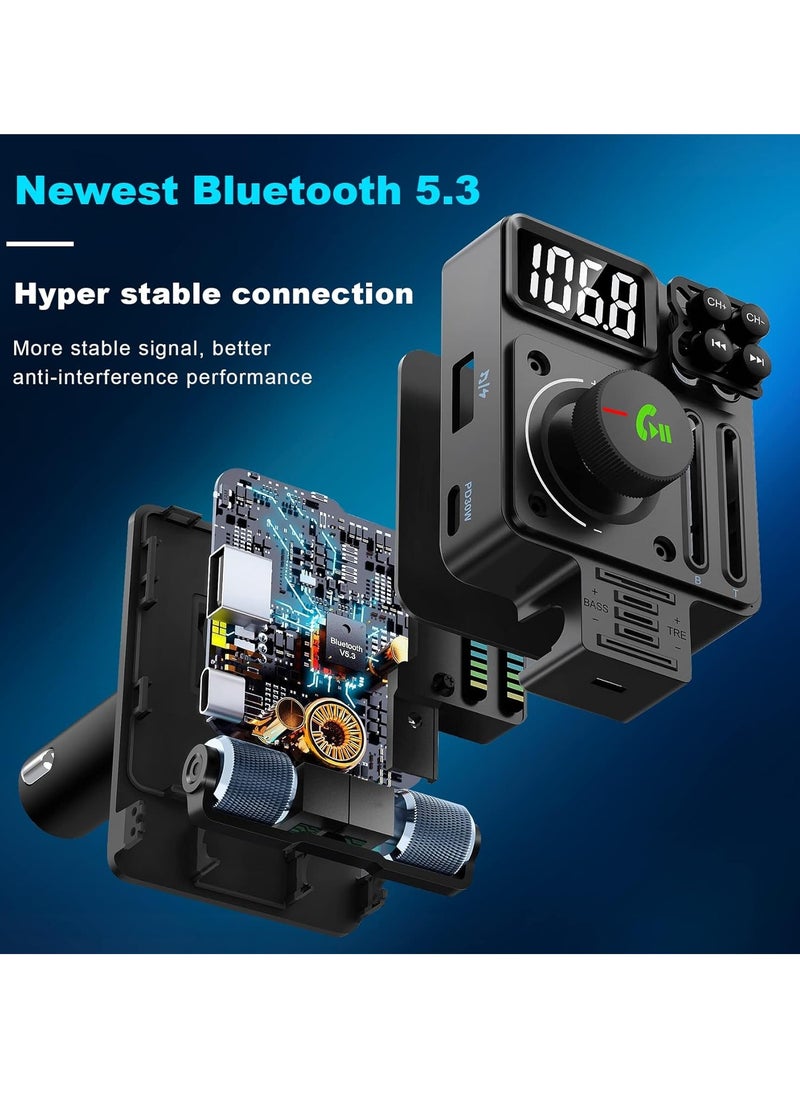 Bluetooth 5.3 Car FM Transmitter, PD 30W Type C Fast Charge And USB Port Bluetooth Car Adapter, Strong And Durable HIFI Treble And Bass Player With Color Screen & Music Light Bar