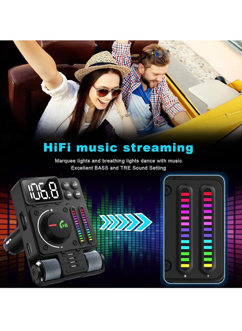 Bluetooth 5.3 Car FM Transmitter, PD 30W Type C Fast Charge And USB Port Bluetooth Car Adapter, Strong And Durable HIFI Treble And Bass Player With Color Screen & Music Light Bar