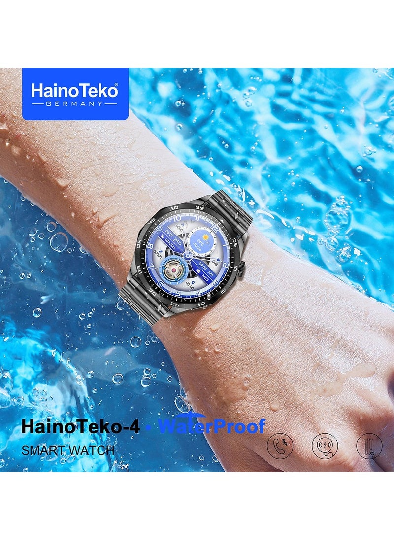 HainoTeko-4 GT4 Waterproof Smartwatch with Round Shape AMOLED Display AI Voice Assistance 3 Pair Straps and Wireless Charger Designed for Men Black