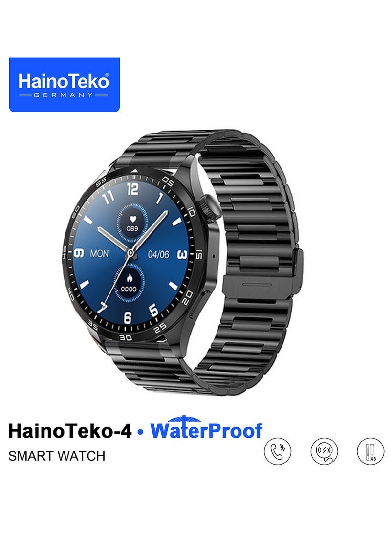 HainoTeko-4 GT4 Waterproof Smartwatch with Round Shape AMOLED Display AI Voice Assistance 3 Pair Straps and Wireless Charger Designed for Men Black