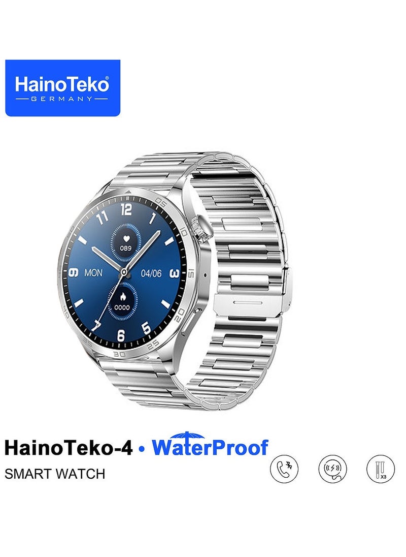 HainoTeko-4 GT4 Waterproof Smartwatch with Large Screen Round Shape AMOLED Display AI Voice Assistance 3 Interchangeable Straps and Charging Cable Designed for Men Silver