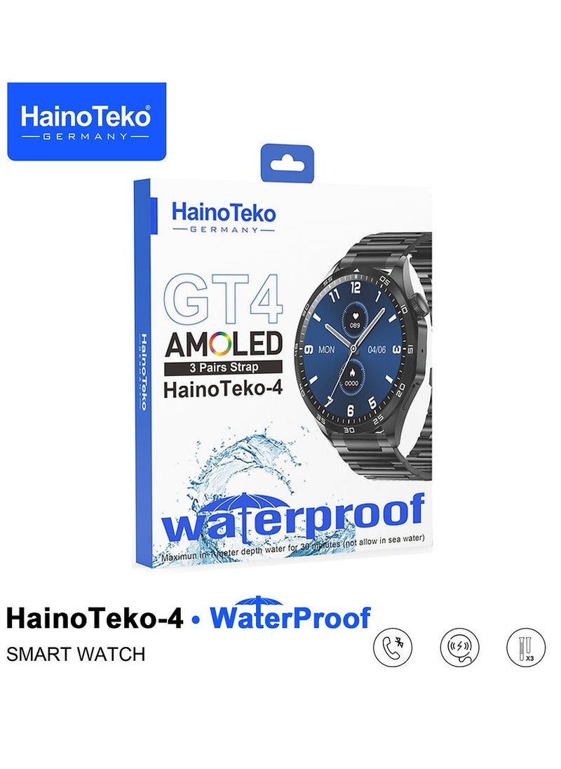 HainoTeko-4 GT4 Waterproof Smartwatch with Large Screen Round Shape AMOLED Display AI Voice Assistance 3 Interchangeable Straps and Charging Cable Designed for Men Silver