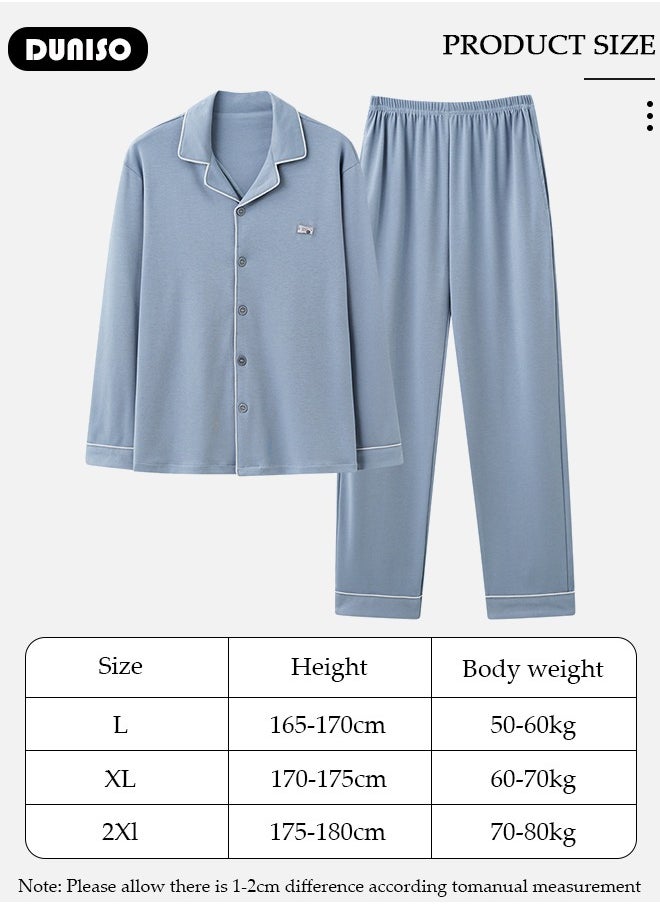 Men's Pyjama Set,Cotton Two-Piece Long Sleeve Pure Color Pyjamas,Men with Buttons Sleepwear Set,Men's V-Neck Loungewear Sleepwear for Winter