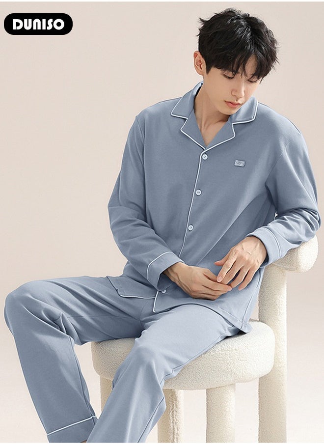 Men's Pyjama Set,Cotton Two-Piece Long Sleeve Pure Color Pyjamas,Men with Buttons Sleepwear Set,Men's V-Neck Loungewear Sleepwear for Winter