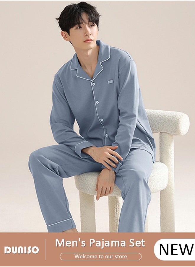 Men's Pyjama Set,Cotton Two-Piece Long Sleeve Pure Color Pyjamas,Men with Buttons Sleepwear Set,Men's V-Neck Loungewear Sleepwear for Winter