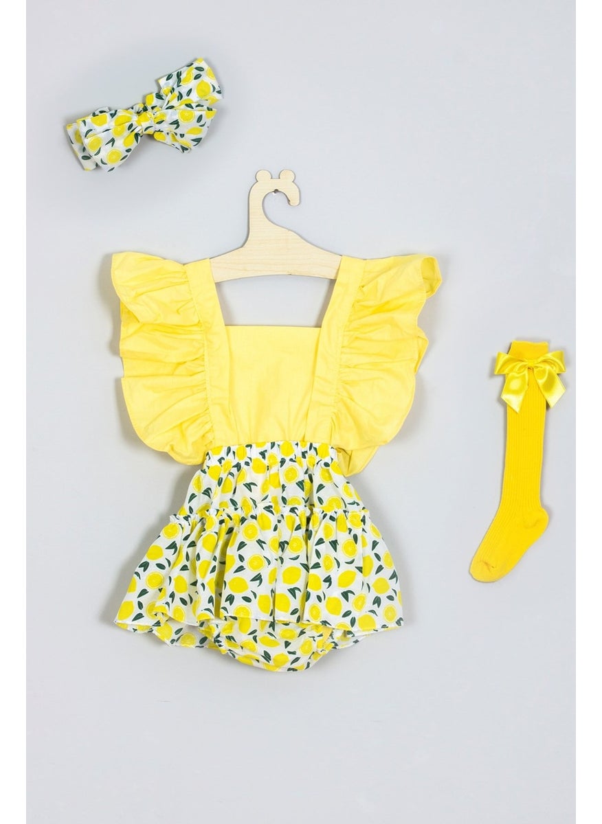 Ada Baby Kid Adabebek Frilly Lemon Patterned Knee-Cuff Bow Socks Set