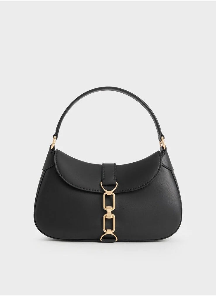 CHARLES & KEITH Shoulder Bag & Crossbody Bag Agatha Chain-Accent Hobo Bag - Black