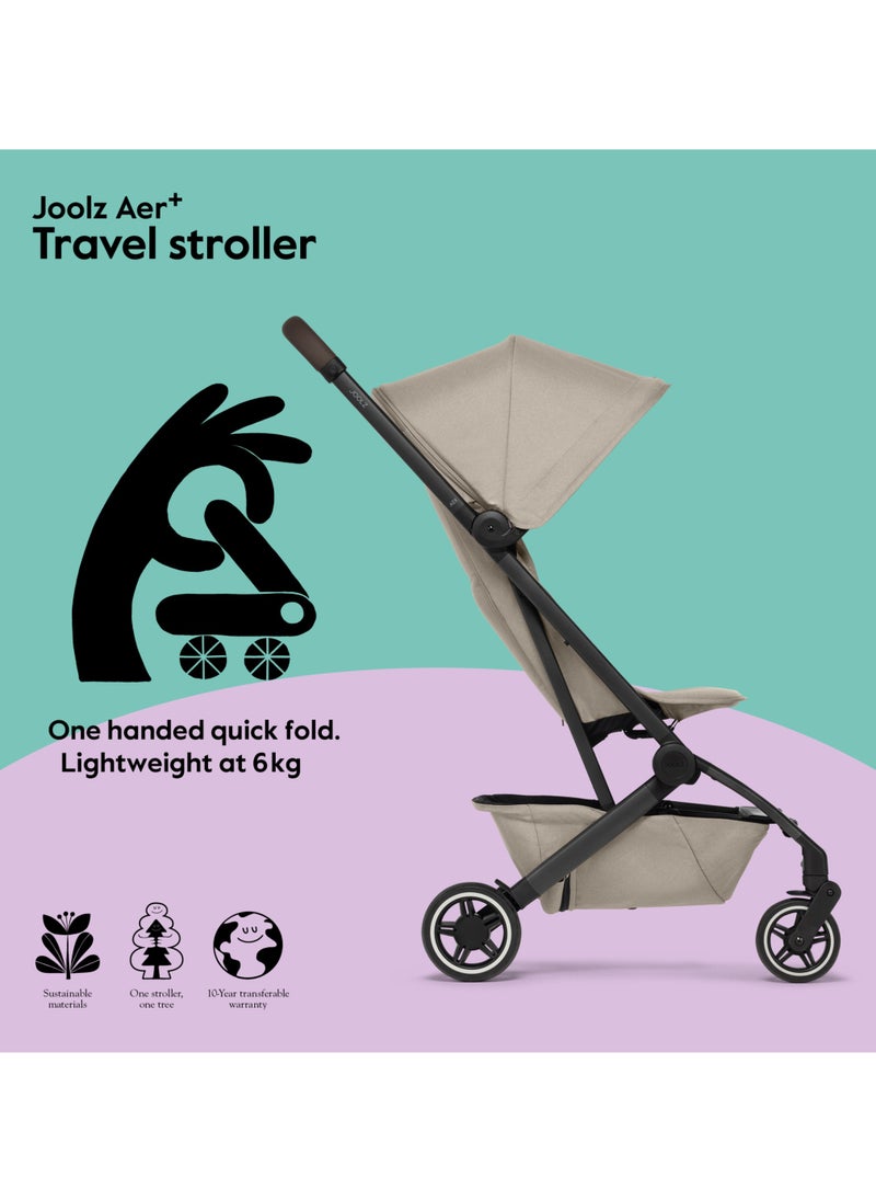 AER+ Lightweight & Compact Travel Stroller - Portable One-Hand Fold Design - Ergonomic Seat for Infant & Toddler (up to 22 KG) - XXL Sun Hood - Stroller for Airplane - Travel Pouch - Sandy Taupe