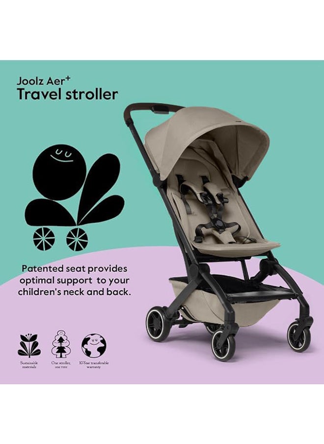 AER+ Lightweight & Compact Travel Stroller - Portable One-Hand Fold Design - Ergonomic Seat for Infant & Toddler (up to 22 KG) - XXL Sun Hood - Stroller for Airplane - Travel Pouch - Sandy Taupe